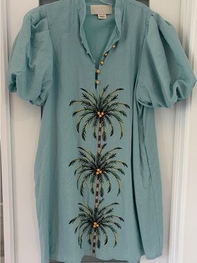 Mestiza New York Palm tree  Teal Mini Dress with Palm Embroidery